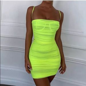 Neon Yellow Mesh Ruched Club Mini Dress